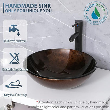 eclife 84" Modern Bathroom Vanity Sink Combo Freestanding Cabinet with Small Side Cabinet, Brown Round Glass Vessel Sink, Water Save Faucet, Drain (White+A09)