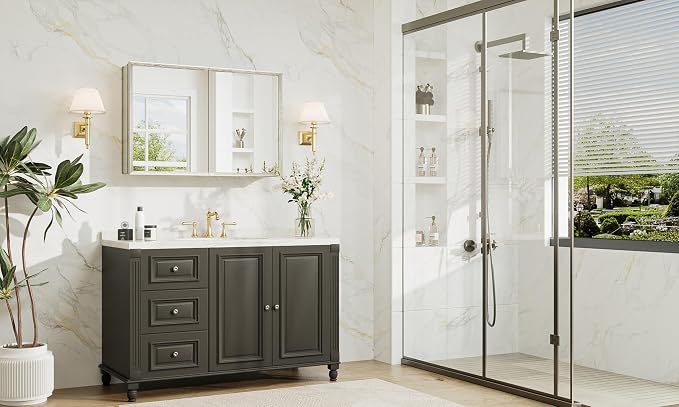 36 x 24 Brushed Nickel Recessed Medicine Cabinet, Assembly Required, Bathroom Mirror Medicine Cabinet, Lightweight Aluminum Frame， Stepless Adjustable Shelves, Tempered Glass