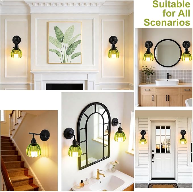 Vintage Wall Sconces Set of 2 with Green Tulip Glass Lampshade, Hardwired and Wireless Wall Mounted Light Fixtures (2 Usage Methods), Black Lamp with Switch for Bedside Bedroom Living Room Wall Decor