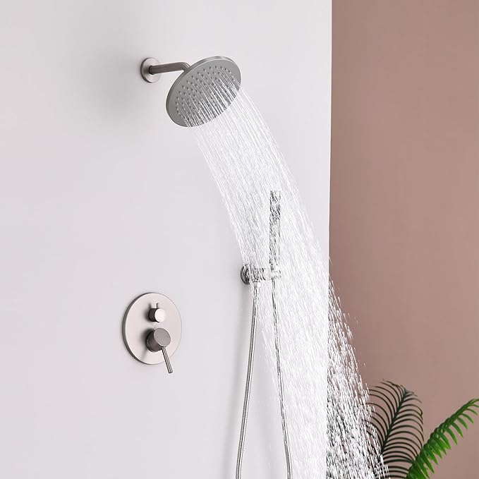 Shower System, All Metal Shower Faucet Set, Brushed Nickel | 8" Rainfall Shower Head and Handheld Spray Combo, Round Shower Head and Handle Set with Valve and Trim Kit