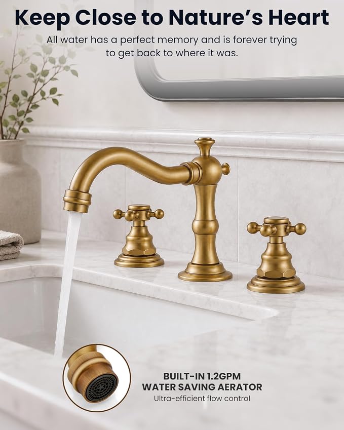 gotonovo 3 Hole 8’’ Widespread Bathroom Sink Faucet Antique Brass | Vintage Bathroom Faucet,2 Cross Handle,6-16’’ Sink,Vanity,Basin,RV,Farmhouse,SUS304,24’’ cUPC Hose Pop Up Drain,Deck Mount
