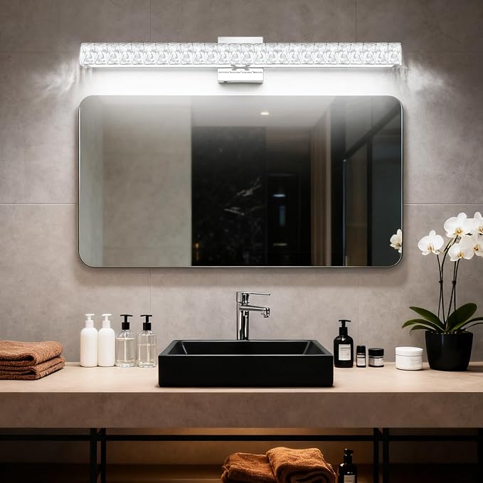 SOLFART Bathroom Light Fixtures, Crystal LED Modern Vanity Light, 32.5 Inch Chrome 5 Color Adjustable 5CCT