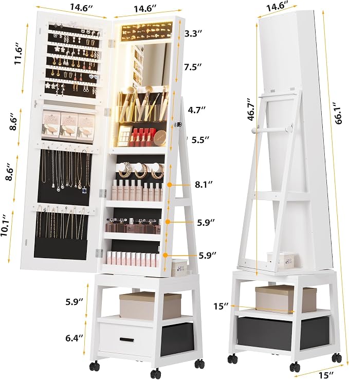 GAOMON 360° Swivel Jewelry Cabinet with LED Lights, Full-Length Mirror with Jewelry Storage, Standing Jewelry Organizer with Bottom Storage Drawer & Shelves, Lockable, Christmas Gifts, White