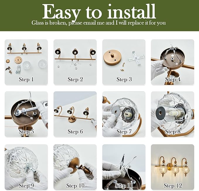 Vintage Bathroom Lights Fixtures Gold Vanity Light with Glass Globe LampShade 3 Light Mid Century G9 Bulb Wall Sconce Indoor Vanity Light Over Mirror for Kitchen Bedroom Farmhouse Living Room