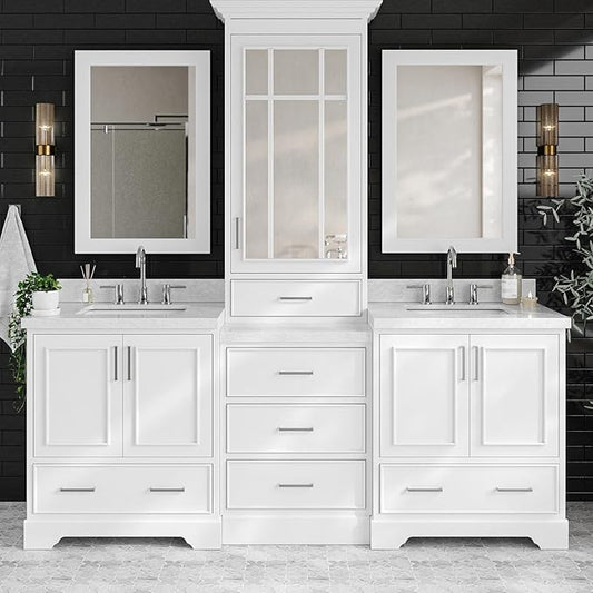 ARIEL Stafford 84-inch Bathroom Vanity with Sink,Solid Wood, 1.5in Italian Carrara Marble Countertop & Backsplash, Double Rectangular Porcelain Sink, 4 Soft Closing Doors, 5 Dovetail Drawers, White
