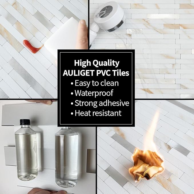 AULIGET 20 Sheets Calacatta Gold Peel and Stick Backsplash, PVC Mixed Metal Silver Wall Tile Stick on Backsplash for Kitchen and Bathroom