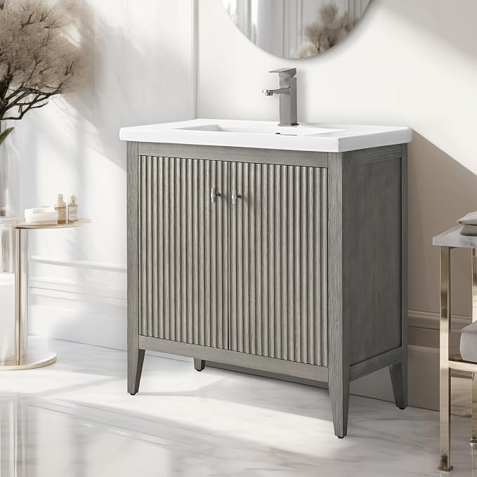 Vanity Art 30 inch Bathroom Vanity with Single Sink & Ceramic Top, Vanity Cabinet with Soft-Closing Door, Solid Wood Frame, Linear Pattern, Driftwood Gray, Golden Brushed Handware VA9130-DG-GB