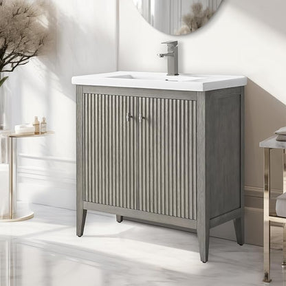Vanity Art 30 inch Bathroom Vanity with Single Sink & Ceramic Top, Vanity Cabinet with Soft-Closing Door, Solid Wood Frame, Linear Pattern, Driftwood Gray, Golden Brushed Handware VA9130-DG-GB
