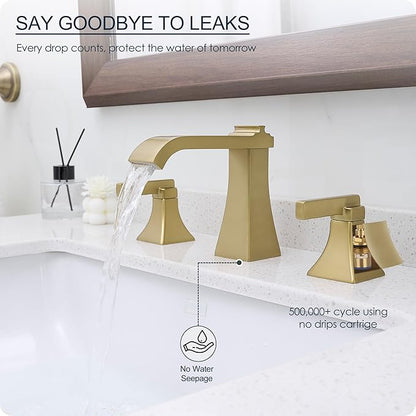 Brushed Gold Bathroom Faucet 3 Hole, Brass Waterfall 8 Inch Widespread Bathroom Sink Faucets with Pop-Up Drain, cUPC Water Hose, 2 Handles for Vanity, Restroom, Modern Hollowed Design