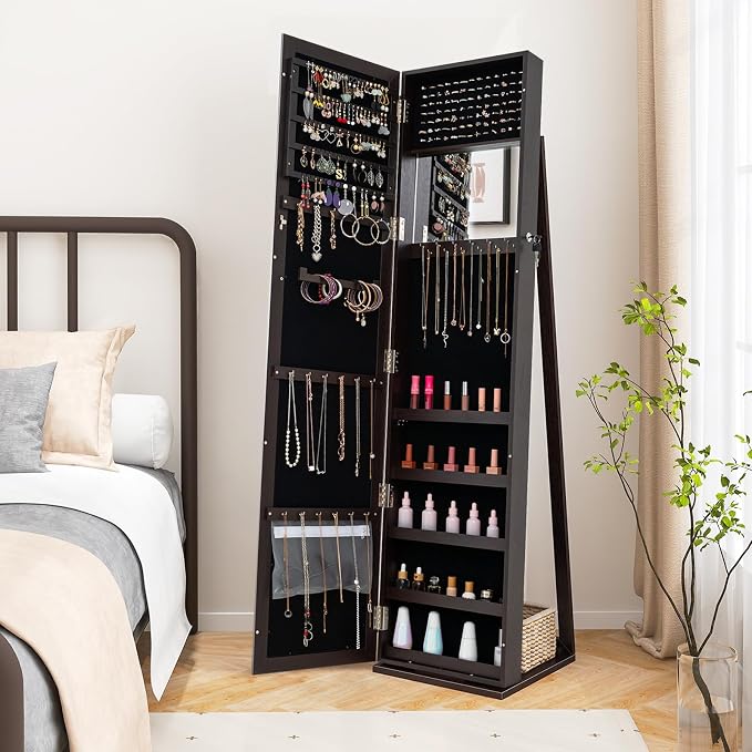 CHARMAID Jewelry Armoire Cabinet with 62" Tall Full Length Mirror, 2-in-1 Lockable Standing Jewelry Organizer with Large Storage Capacity, Inside Makeup Mirror, Stable Base, Easy Assembly (Espresso)
