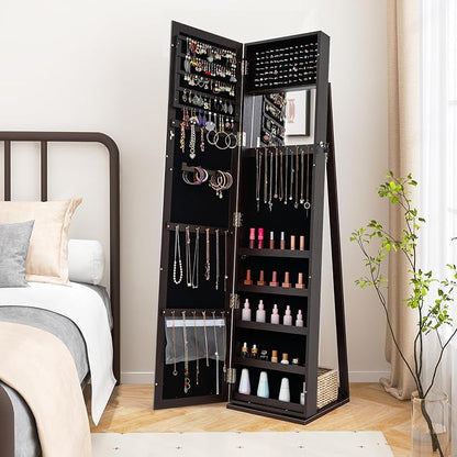 CHARMAID Jewelry Armoire Cabinet with 62" Tall Full Length Mirror, 2-in-1 Lockable Standing Jewelry Organizer with Large Storage Capacity, Inside Makeup Mirror, Stable Base, Easy Assembly (Espresso)