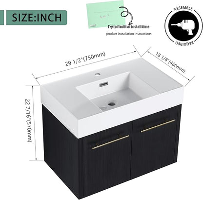 30 Inch Floating Bathroom Vanity,30" Bathroom Vanity with Sink,Modern Single Sink Bathroom Vanity Combo,Black Wall Mounted Cabinet Set