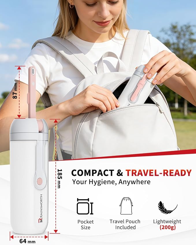 Rainsworth Portable Electric Bidet, 350ml, for Travel & Personal Care | Large Capacity, Rechargeable 1600mAh, USB-C Port, Adjustable Nozzle, Dual Flow Modes, IPX6 Waterproof,Leak-Proof Design