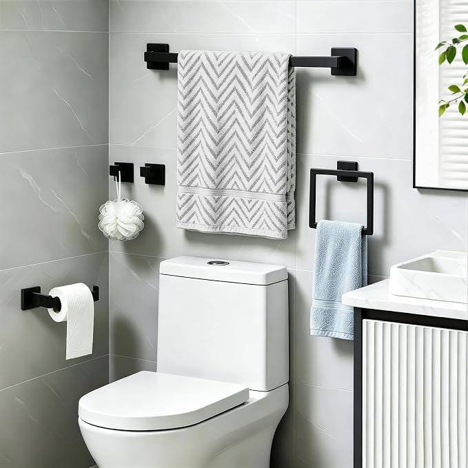 Mattle Black Towel Bar, SUS304 Stainless Steel Bathroom Hardware Set, Towel Racks for Bathroom Wall Mounted 16-Inches
