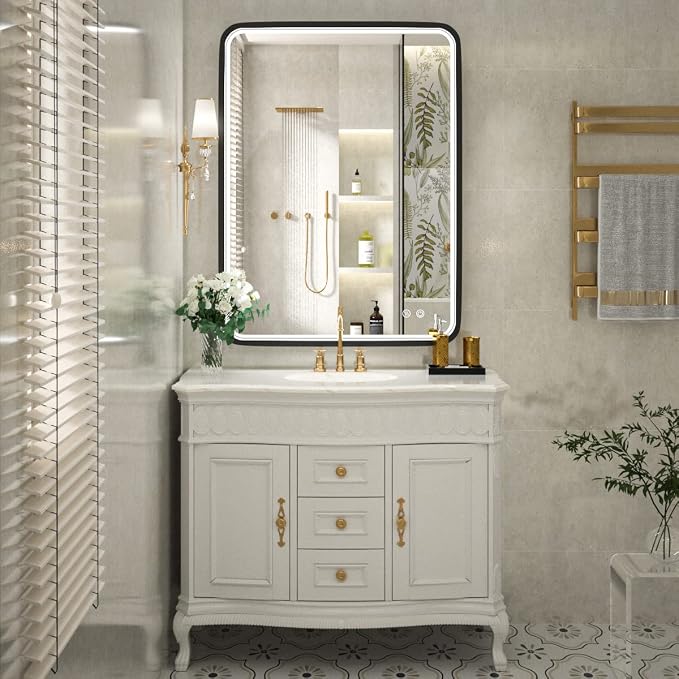 36x28 Inch LED Black Frame Bathroom Mirror,3 Color | ETL Listed,Anti-Fog,3000K/4500K/6000K Dimmable,Horizontal & Vertical,Wall Mounted,Memory Function