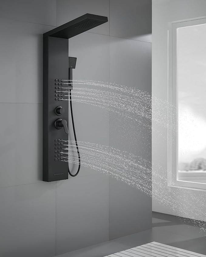 ROVATE Shower Panel Tower System with Rainfall Shower Head, Matte Black | Shower Tower with Powerful Body Jets, Handheld Shower and Tub Spout, Stainless Steel Shower Column Black High Pressure
