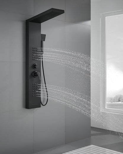 ROVATE Shower Panel Tower System with Rainfall Shower Head, Matte Black | Shower Tower with Powerful Body Jets, Handheld Shower and Tub Spout, Stainless Steel Shower Column Black High Pressure