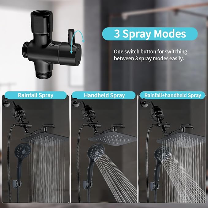 10'' Dual 20 Stage Filtered Shower Head with Handheld, 6 Spray Settings Handheld Shower Head High Pressure Rainfall Filter Combo with 12'' Adjustable Extension Arm, 71'' Shower Hose (Matte Black)