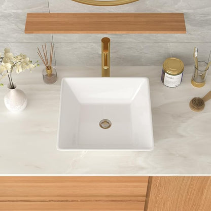 White Bathroom Vessel Sink Ceramic Vanity Art Basin Above Counter | 16''x16'' Small Square Bathroom Sink Porcelain Vessel Vanity Sink