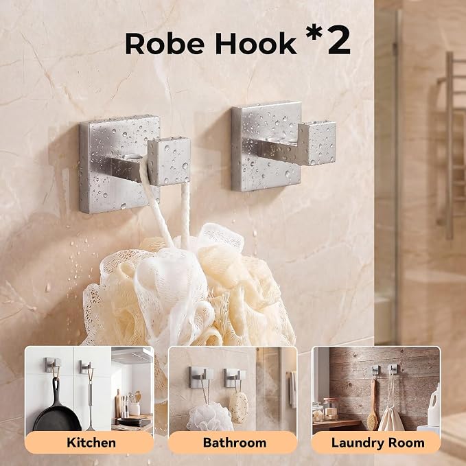 5-Piece Bathroom Hardware Set, 23.6 Inch Towel Bar Set SUS304 Stainless Steel Towel Racks for Bathroom Round Towel Bar, Towel Ring, Toilet Paper Holder, 2 Robe Hooks, Wall Mounted (Brushed Nickel)