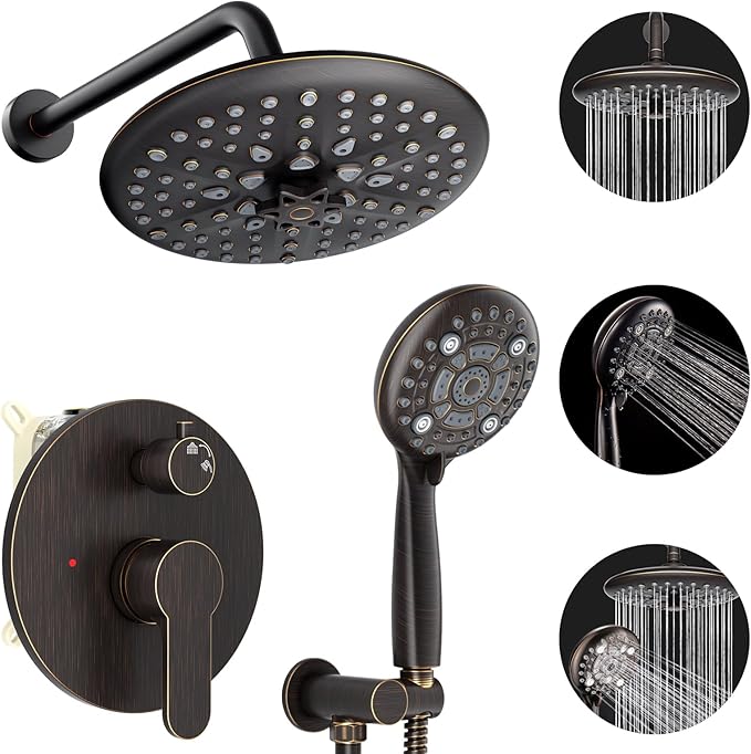 EMBATHER Shower Faucet Sets - Overhead Rain Head Shower System with High Pressure Handheld Complete Combo and Mixer Valve Trim Kit - Oil Rubbed Bronze Rainfall Shower Fixture for Luxury Bathroom