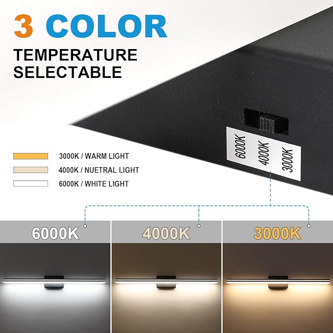 SineRise LED Modern Bathroom Vanity Light Bar (48-Inch, 3000K/4000K/6000K), Matte Black Dimmable Modern Acrylic Bathroom Wall Lighting Fixtures Over Mirror