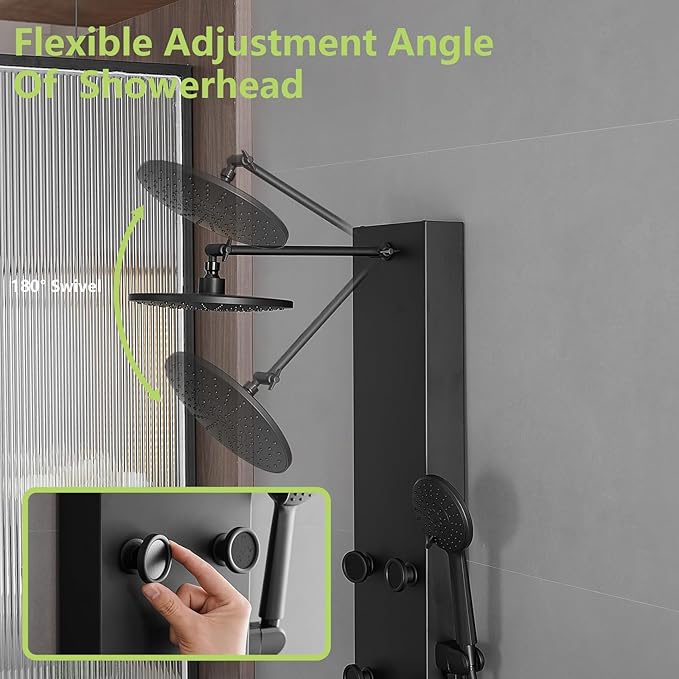 Black Shower Panel Tower System with Rainfall Shower Head, 304 Stainless Steel Shower Panels System with 9-inch Rainfall Shower 6 Rain Massage Body Jets for Bathroom Lavatory Wash