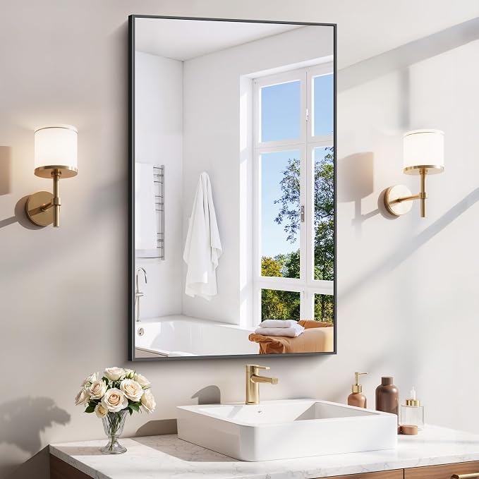 YIROMAN Bathroom Mirror 24"x40", Matte Black Bathroom Mirror for Over Sink with Aluminum Frame, Rectangular Vanity Mirror with Right Angles, Wall Mirror Hangs Horizontal or Vertical, Shatterproof