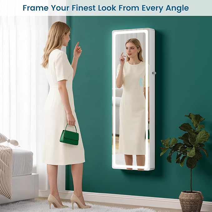 HNEBC Full Length Mirror with Storage, Wall Mounted Jewelry Cabinet with RGB Lights & Remote, Lockable Over Door Jewelry Organizer with Drawer, Foldout Makeup Tray 47.2" Hx14.5 Wx3.9 D, White