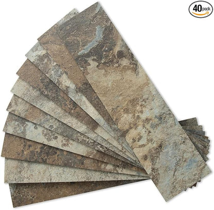 AULIGET 40-Piece Beige & Brown Slate Peel and Stick Backsplash Wall Tiles, 3" x 12" PVC Faux Stone Stick on Tiles for Backsplash Kitchen, Bathroom, Laundry Room, Camper, Fireplace