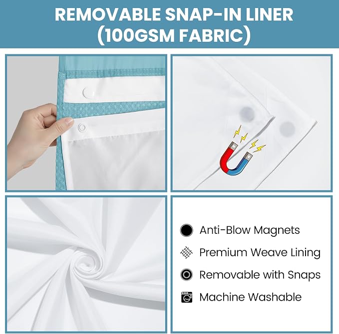 SORTTO No Hook Shower Curtain with Snap in Liner Set Waffle Shower Curtain for Bathroom Hotel Style Fabric Waterproof Inner Liner，71" W x 74" H, Cyan