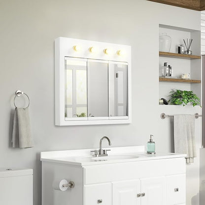 Design House Concord Medicine Cabinet, 3 Mirrored Doors, Pre-Assembled, Surface Mount, 4 Lights, White Wood Frame Wall Cabinet, 30 in W x 5 in D x 30 in H, 532382-WHT
