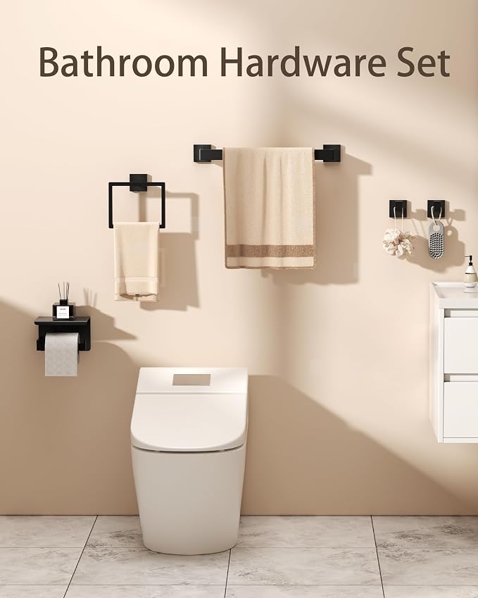 10-Piece Square Bathroom Hardware Set 24" Towel Bar X2, Toilet Paper Holders with Shelves X2, Towel Hooks X4, 2X Towel Rings X2 Bathroom Accessories (Matte Black-16inch)