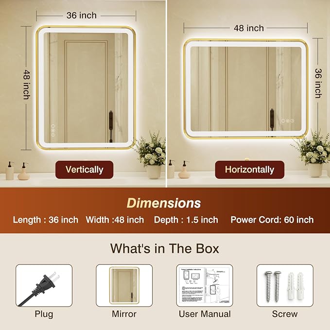 36x48 Inch LED Bathroom Mirror with Gold Frame,Front and Backlit Vanity Mirror, Stepless Dimmable Wall Mirrors with Anti-Fog, 3 Colors, Memory, Waterproof, LED Smart Bathroom Mirror