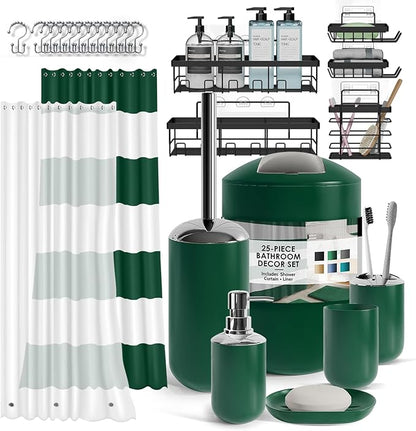 Clara Clark Bathroom Accessories Set - Bathroom Set with Adhesive Corner Shower Caddy Hanging, 25PC Bathroom Accessory Set, Green Shower Curtain Set, Toilet Brush, Trash Can & Soap Dispenser