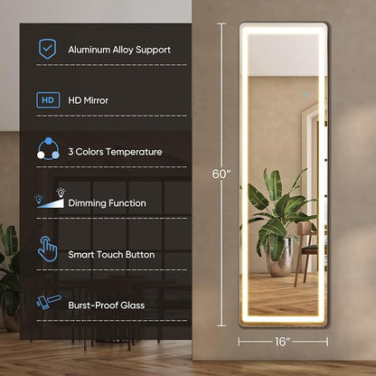 DUMOS 16" x 60" LED Full Length Mirror with Lights, Lighted Floor Full Body Mirrors with 3 Color Lighting, Wall Mounted Stand Mirror for Bedroom, Dressing Room, Living Room, Bathroom
