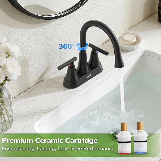 Centerset Bathroom Faucet with Pull Out Sprayer, 4 Inch 2 Handle Sink Faucet with Pop Up Drain, Stainless Steel Vanity Faucet with 2 Supply Hoses, Matte Black