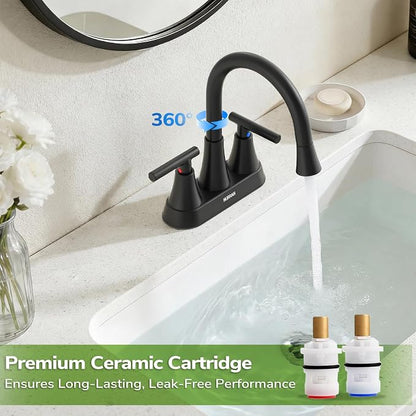 Centerset Bathroom Faucet with Pull Out Sprayer, 4 Inch 2 Handle Sink Faucet with Pop Up Drain, Stainless Steel Vanity Faucet with 2 Supply Hoses, Matte Black