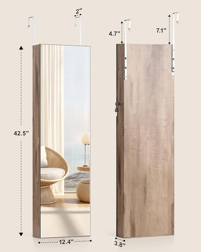 Nicetree Mirror Jewelry Cabinet, Full Length Mirror, Wall Mounted, Oak | Lockable Jewelry Armoire Organizer, Hanging Mirror with Jewelry Storage, Velvet Interior, Gift Idea,Easy Assembly