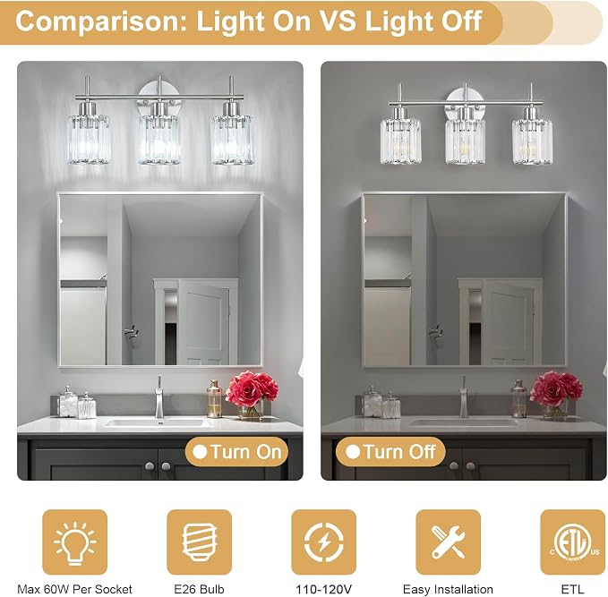 Brushed Nickel 3-Light Crystal Bathroom Vanity Light Fixtures, Round | Vanity Lights for Bathroom, Modern Bathroom Lighting Fixtures over Mirror (Bulbs Not Included, E26)