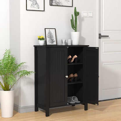 COSTWAY Bathroom Floor Cabinet - Freestanding Side Storage Organizer with Double Doors & Adjustable Shelf, Wooden Storage Cabinet for Living Room, Bedroom, Kitchen, Entryway (Black) | with Double Doors & Adjustable Shelf, Wooden Storage Cabinet for Liv...