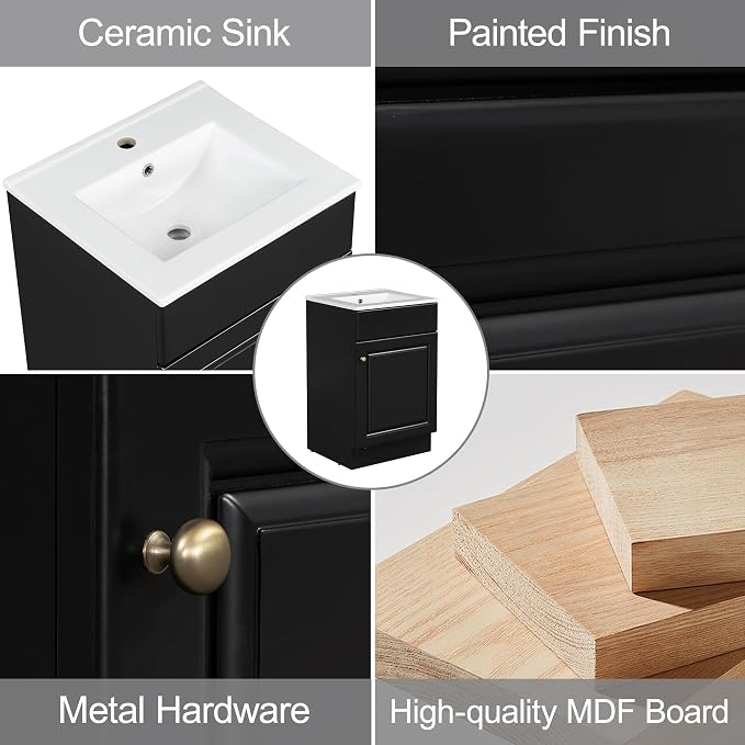 Christopher Knight Home Vanes Wood Frame 20" Bathroom Vanity with Ceramic Sink, Cabinet with Soft-Closing Door Shelf and Adjustable Shelf, Open Back, Metal Hardware, Storage/Organizer, Black