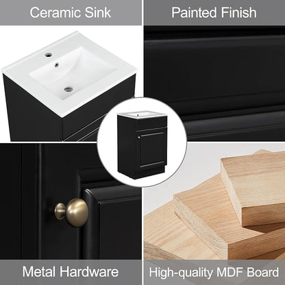 Christopher Knight Home Vanes Wood Frame 20" Bathroom Vanity with Ceramic Sink, Cabinet with Soft-Closing Door Shelf and Adjustable Shelf, Open Back, Metal Hardware, Storage/Organizer, Black