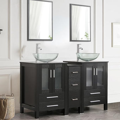 UEV 60" Double Sink Bathroom Vanity,Black Bathroom Vanity Set with Double Side Vanity Cabinets & Removable 3 Drawer Storage Cabinet,Modern Bathroom Vanity with Tempered Vessel Sink,Mirror Not Included