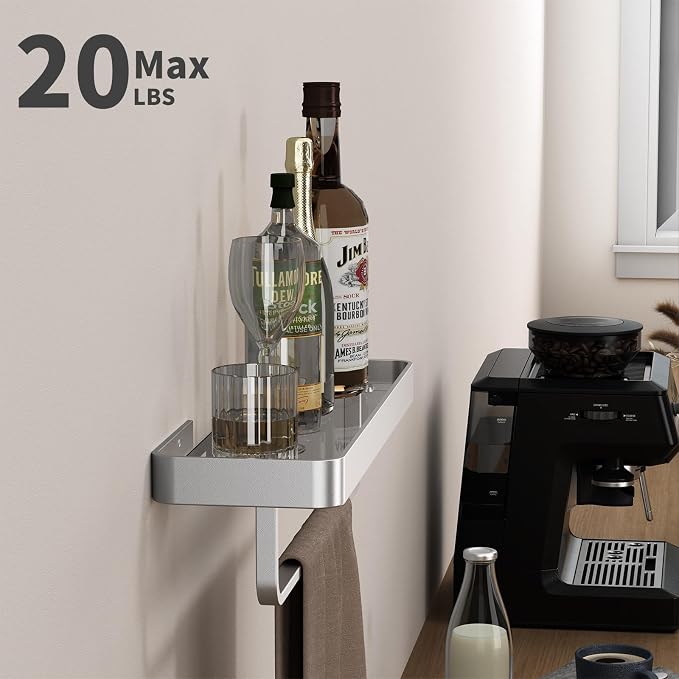 16 Inch Long Floating Bathroom Shelf with Towel Bar, Clear Tempered Glass Wall Shelf with Hand Towel Holder for Bathroom Storage Organizer, Matte Silver