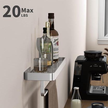16 Inch Long Floating Bathroom Shelf with Towel Bar, Clear Tempered Glass Wall Shelf with Hand Towel Holder for Bathroom Storage Organizer, Matte Silver
