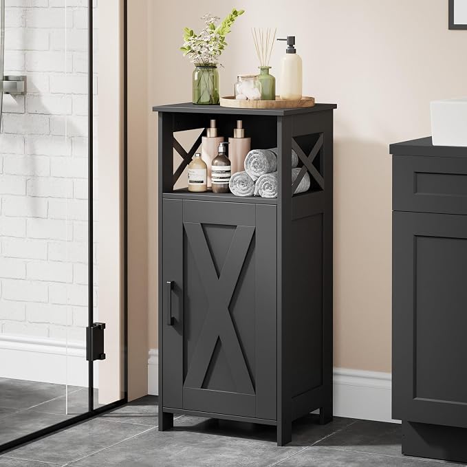 Homhedy Farmhouse Bathroom Storage Cabinet with Doors, Small Floor Cabinet | Toilet Paper Cabinet with Adjustable Shelf, Freestanding Storage Cabinet for Kitchen/Laundry/Living Room, 14"W, Black