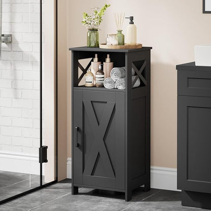 Homhedy Farmhouse Bathroom Storage Cabinet with Doors, Small Floor Cabinet | Toilet Paper Cabinet with Adjustable Shelf, Freestanding Storage Cabinet for Kitchen/Laundry/Living Room, 14"W, Black