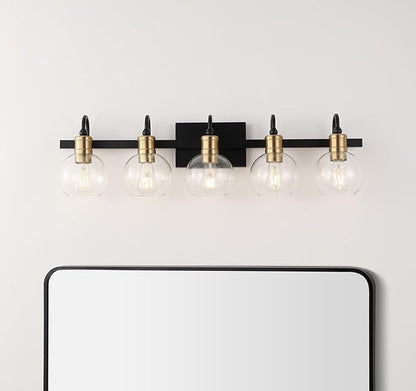 JONATHAN Y 36.5" Black/Brass Gold Vintage Wall Sconce, LED Vanity Light for Bathroom Bedroom Entryway, Clear Glass Globe Shade, Modern Industrial Arched Lamp, LED Bulb Included (JYL3556A)
