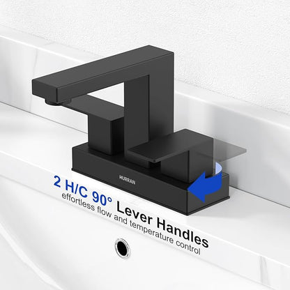 Matte Black Bathroom Sink Faucet, Hurran 4 inch Bathroom Faucets for Sink 3 Hole with Pop-up Drain and Supply Lines, Stainless Steel 2-Handle Faucet for Vanity RV Restroom